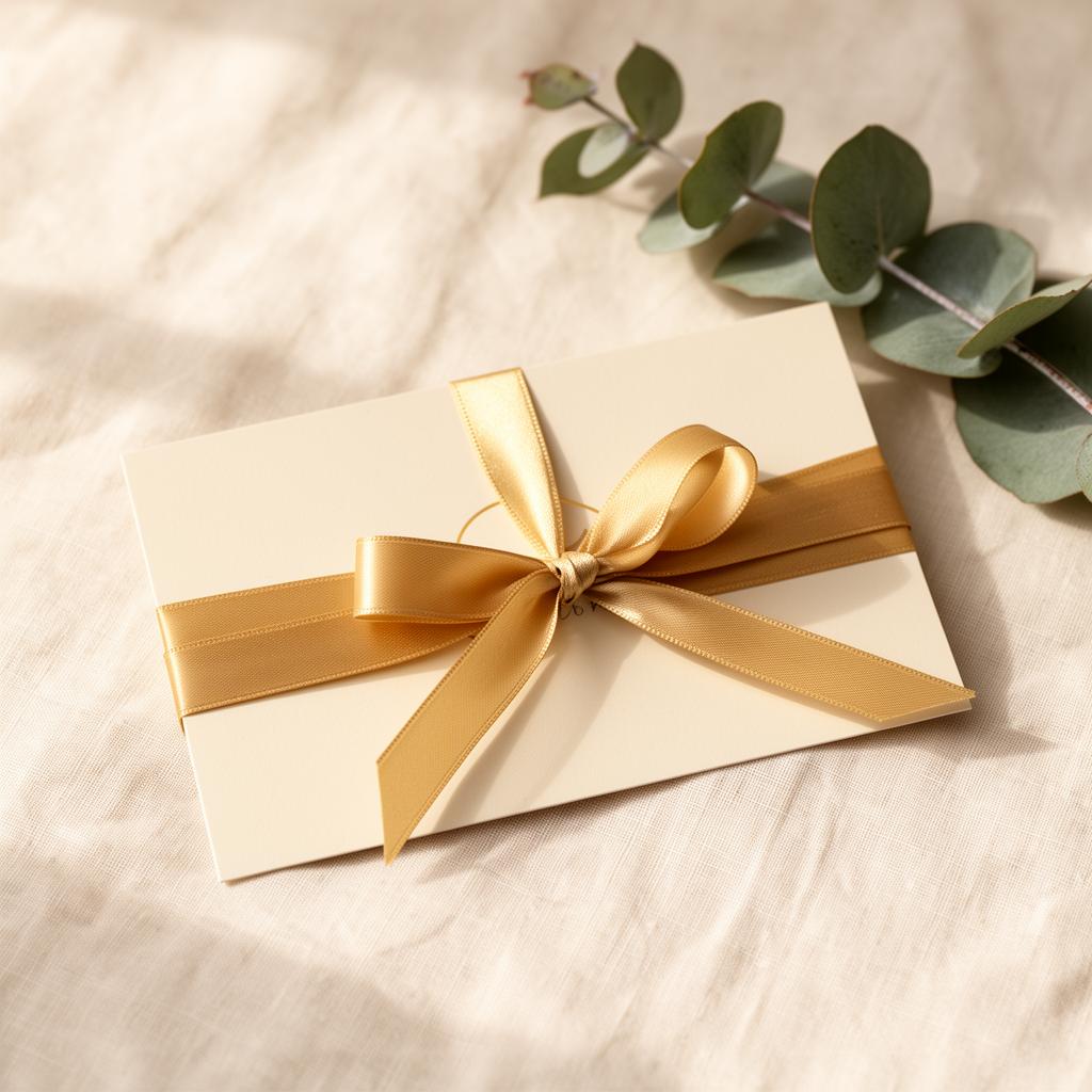 Cream and gold cleaning gift certificate with satin ribbon